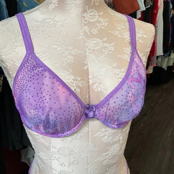 Vintage Polka Dot Glitter Underwire Lingerie Set Adjustable Strap Sz B36 Purple - Picture 2 of 4